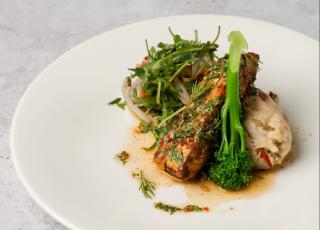plated white fish on a bed of greens 