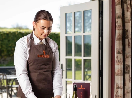 Waitress serving gourmet dish to couple at cosy hotel dining room with garden view.