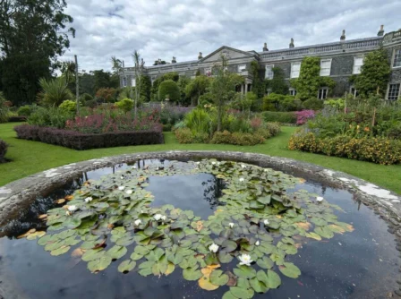 Family strolls in lush garden of elegant country hotel with lily pond.