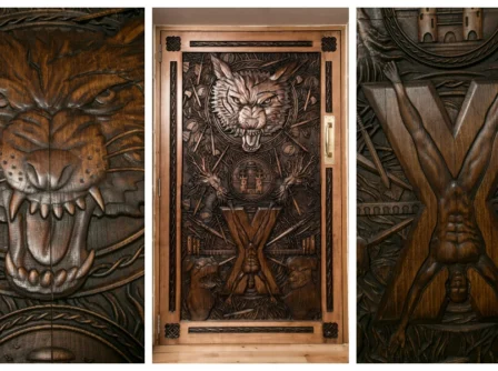 Intricately carved wooden entrance at Hastings Hotel with elaborate lion and castle motifs.