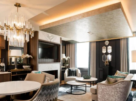 Elegant hotel lounge with modern décor and cosy seating, perfect for relaxation.