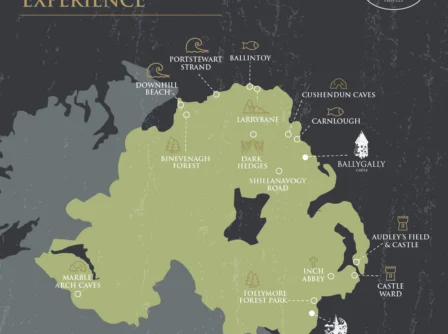 A map highlighting the Game of Thrones attractions in Northern Ireland, featuring key locations and Hastings Hotels logo.