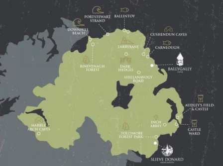 Illustrated map of Northern Ireland highlighting attractions like Slieve Donard and Ballygally.