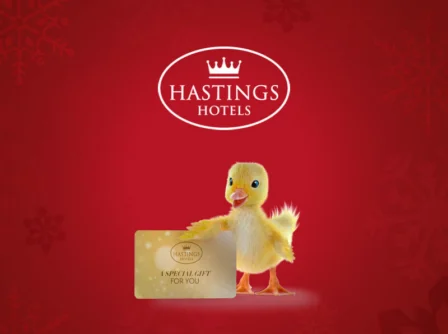Adorable duckling holding a Hastings Hotels gift card on a festive red background.