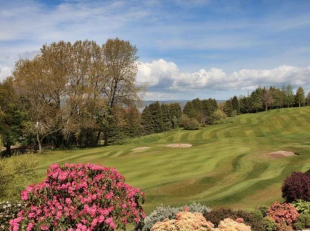 Scenic view of lush green golf course surrounded by vibrant blooms and trees under a blue sky.