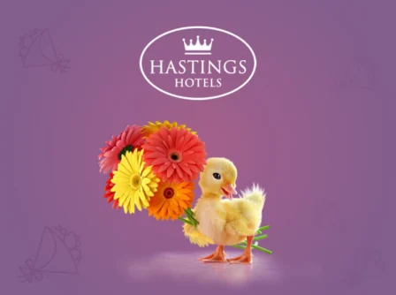 Cute duckling holds colourful flowers on a purple background, with Hastings Hotels logo.