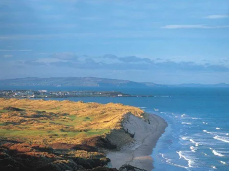 Coastal view of sandy beach and rolling hills under a clear blue sky near Hastings Hotels.