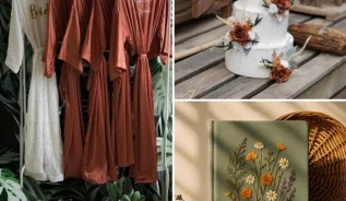 Elegant bridal robes with a tiered floral cake and a beautifully illustrated guestbook.