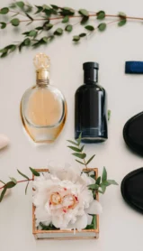Elegant wedding day essentials displayed with flowers and greenery.